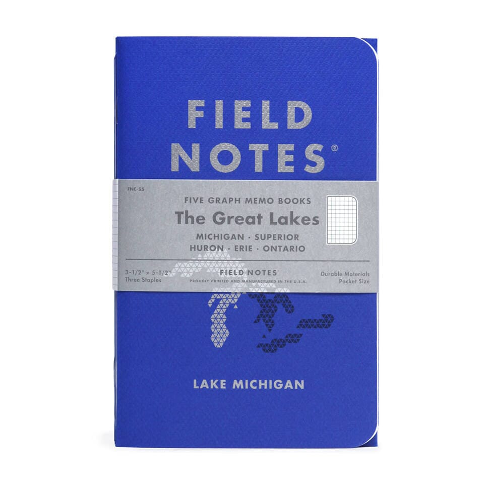 Field Notes Great Lakes set of five blue notebooks.